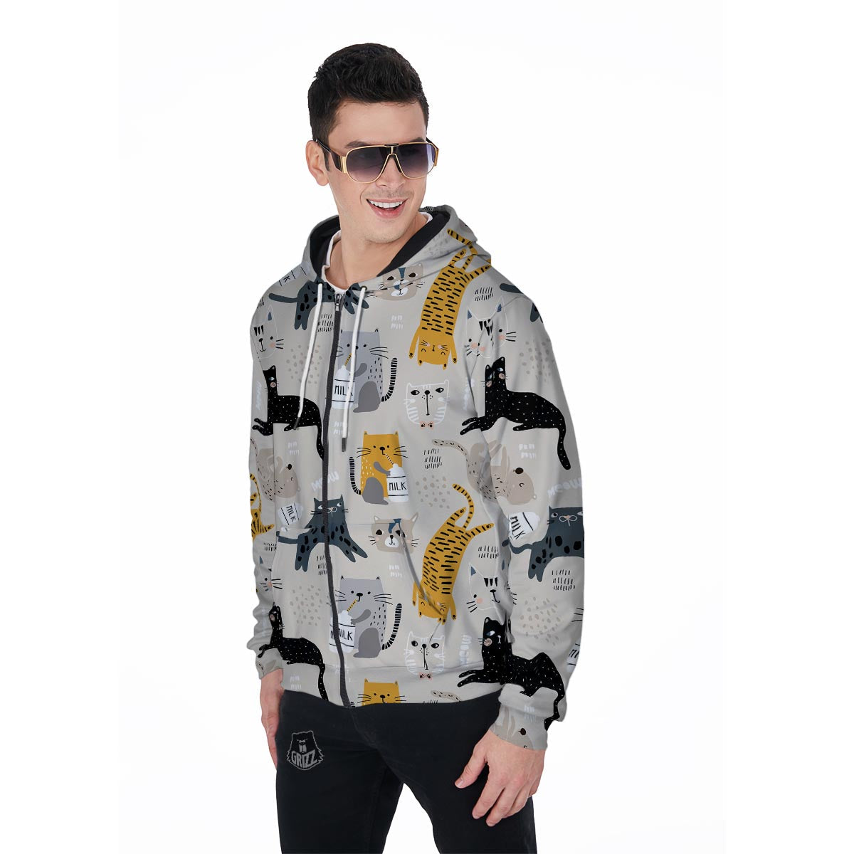 Meow Cat Print Men's Zip Up Hoodie-grizzshop