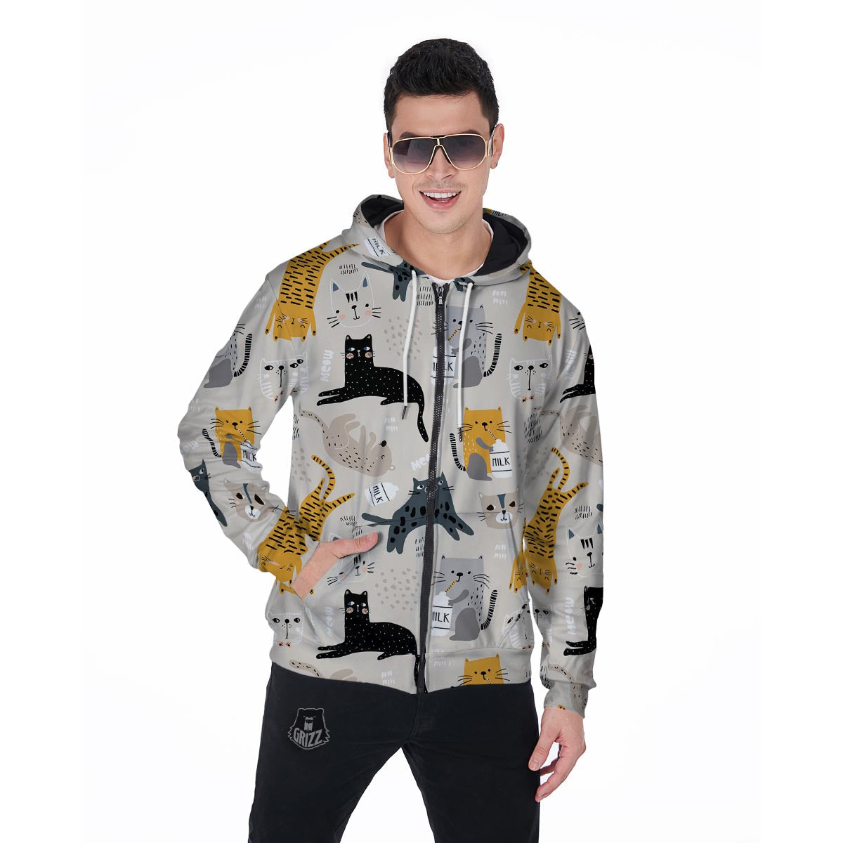 Meow Cat Print Men's Zip Up Hoodie-grizzshop