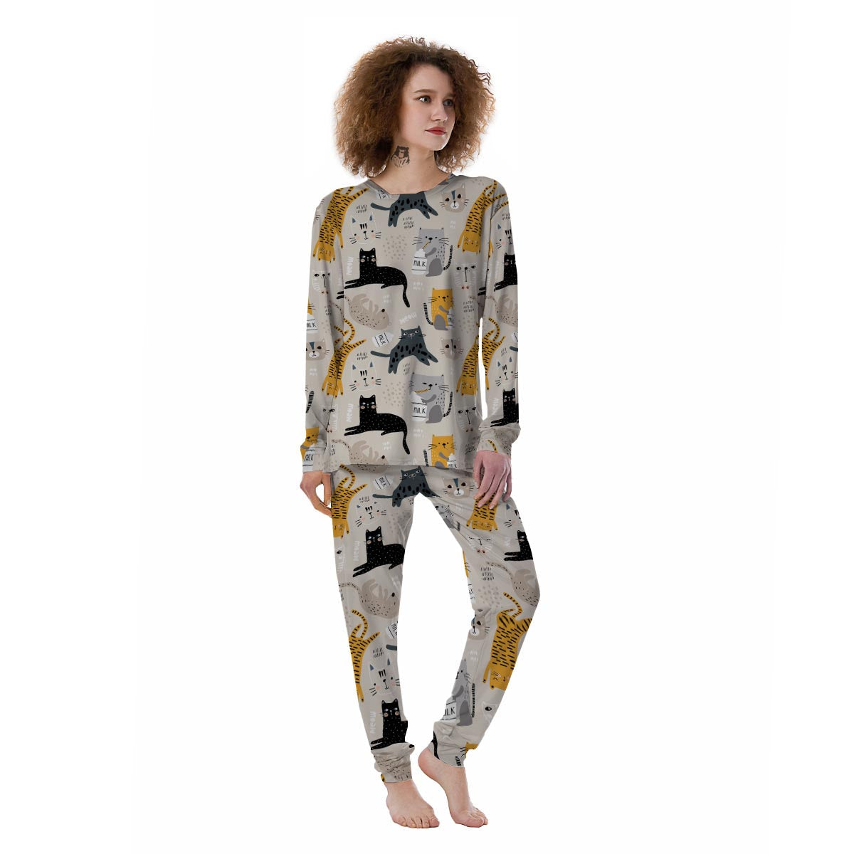 Meow Cat Print Women's Pajamas-grizzshop