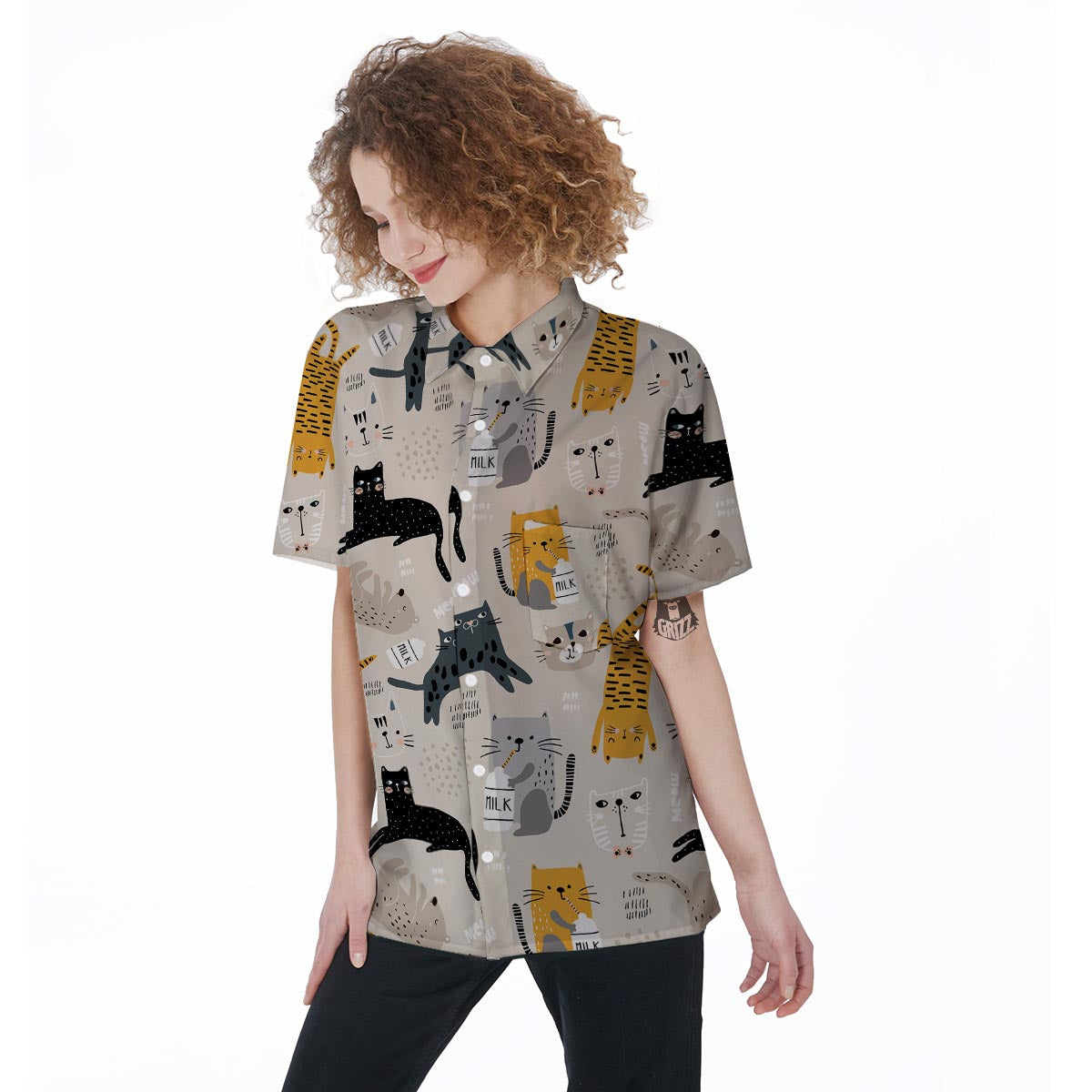 Meow Cat Print Women's Short Sleeve Shirts-grizzshop