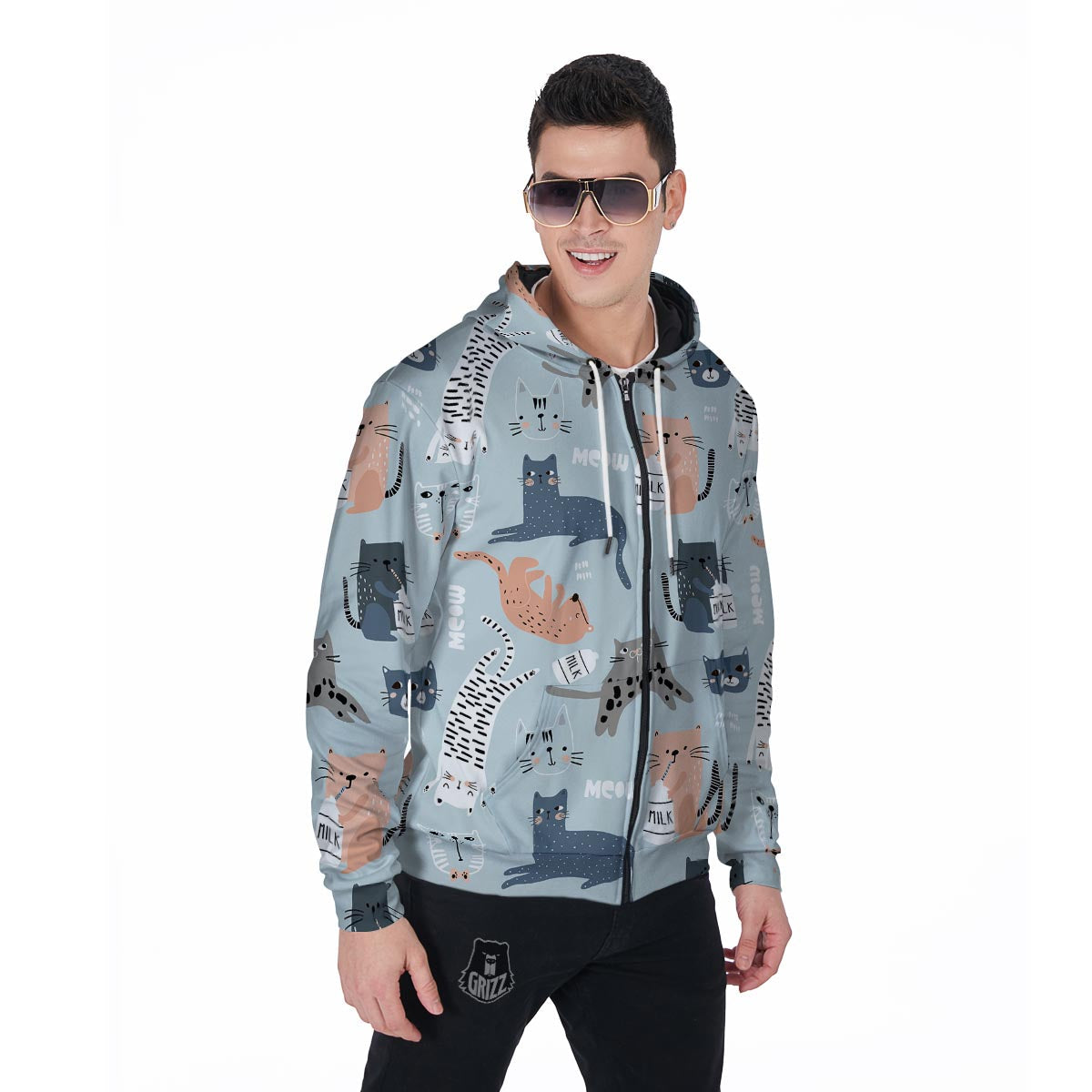 Meow Meow Cat Print Men's Zip Up Hoodie-grizzshop