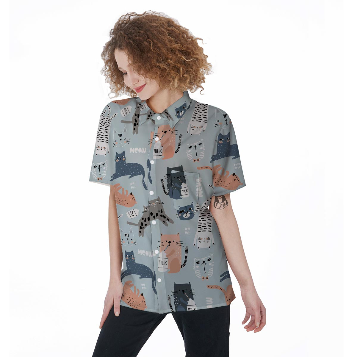 Meow Meow Cat Print Women's Short Sleeve Shirts-grizzshop