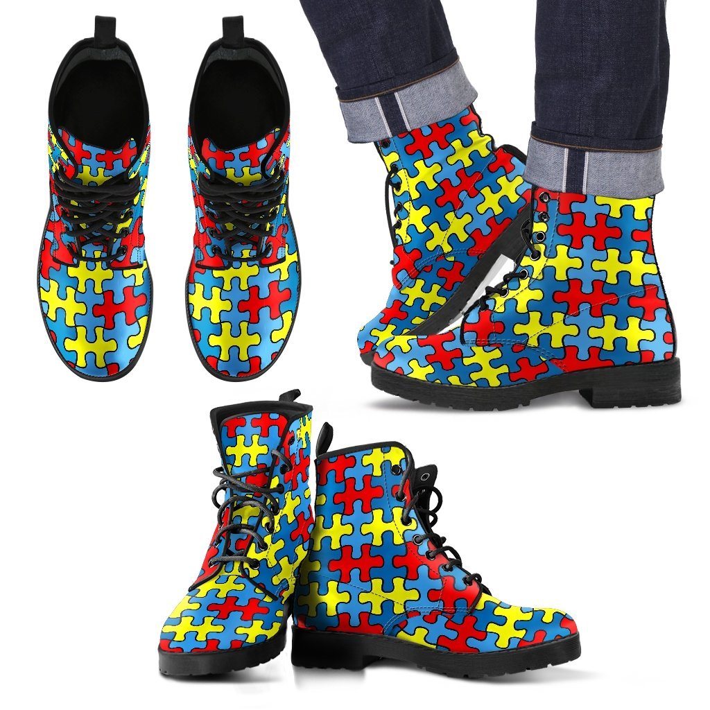 Merchandise Autism Awareness Pattern Print Men Women Leather Boots-grizzshop