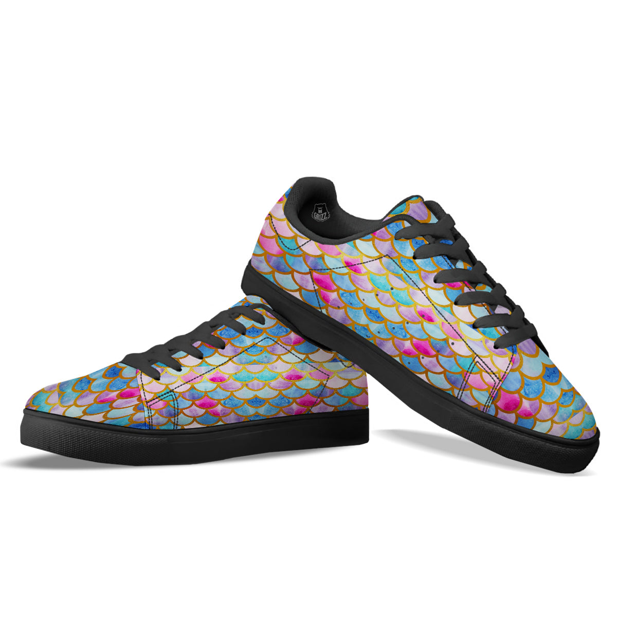 Mermaid Colorful Print Pattern Black Low Top Sneakers-grizzshop
