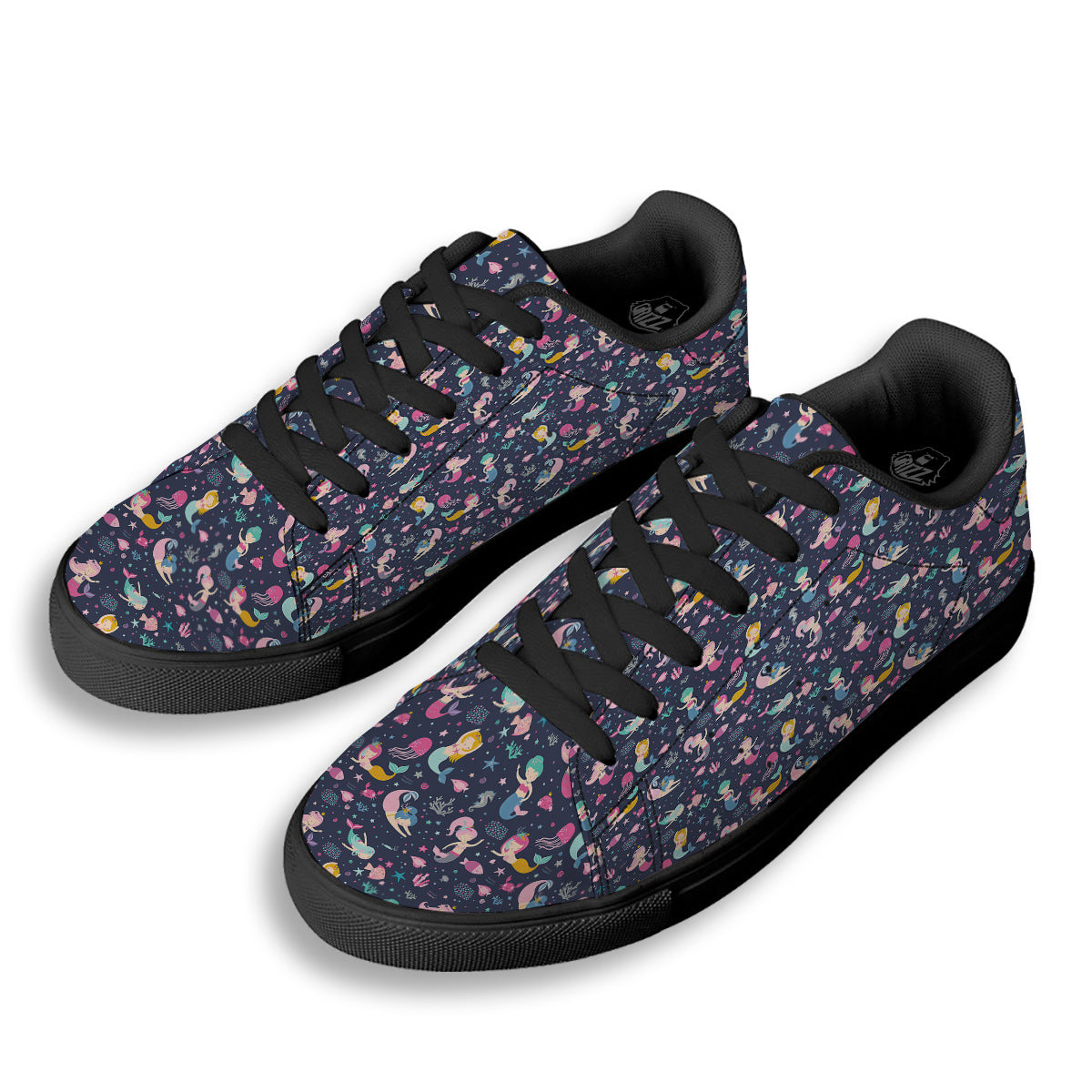 Mermaid Cute Print Pattern Black Low Top Sneakers-grizzshop