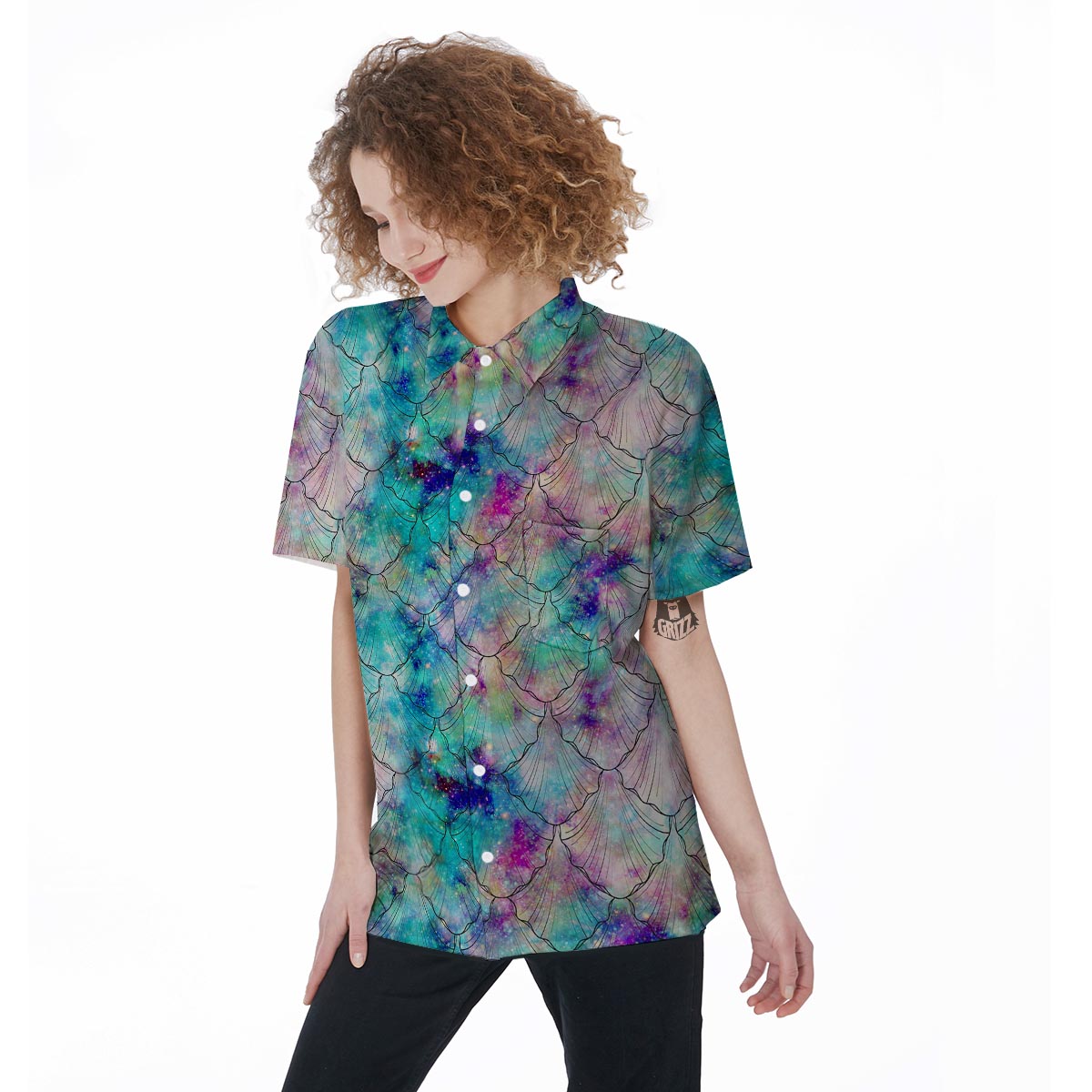 Mermaid Galaxy Print Women's Short Sleeve Shirts-grizzshop