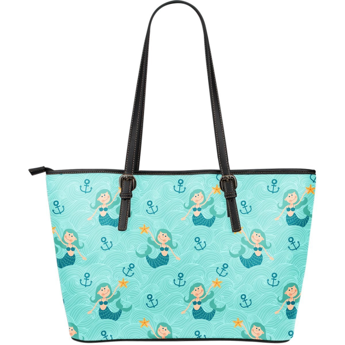 Mermaid Pastel Pattern Print Leather Tote Bag-grizzshop