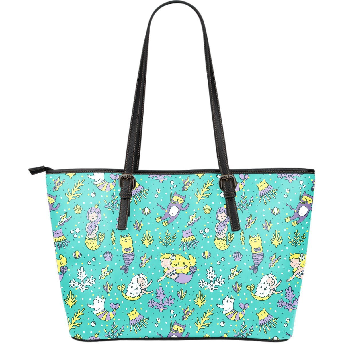 Mermaid Pattern Print Leather Tote Bag-grizzshop