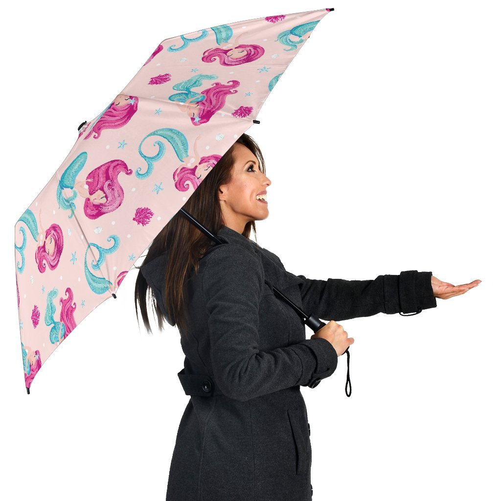 Mermaid Pink Pattern Print Automatic Foldable Umbrella-grizzshop