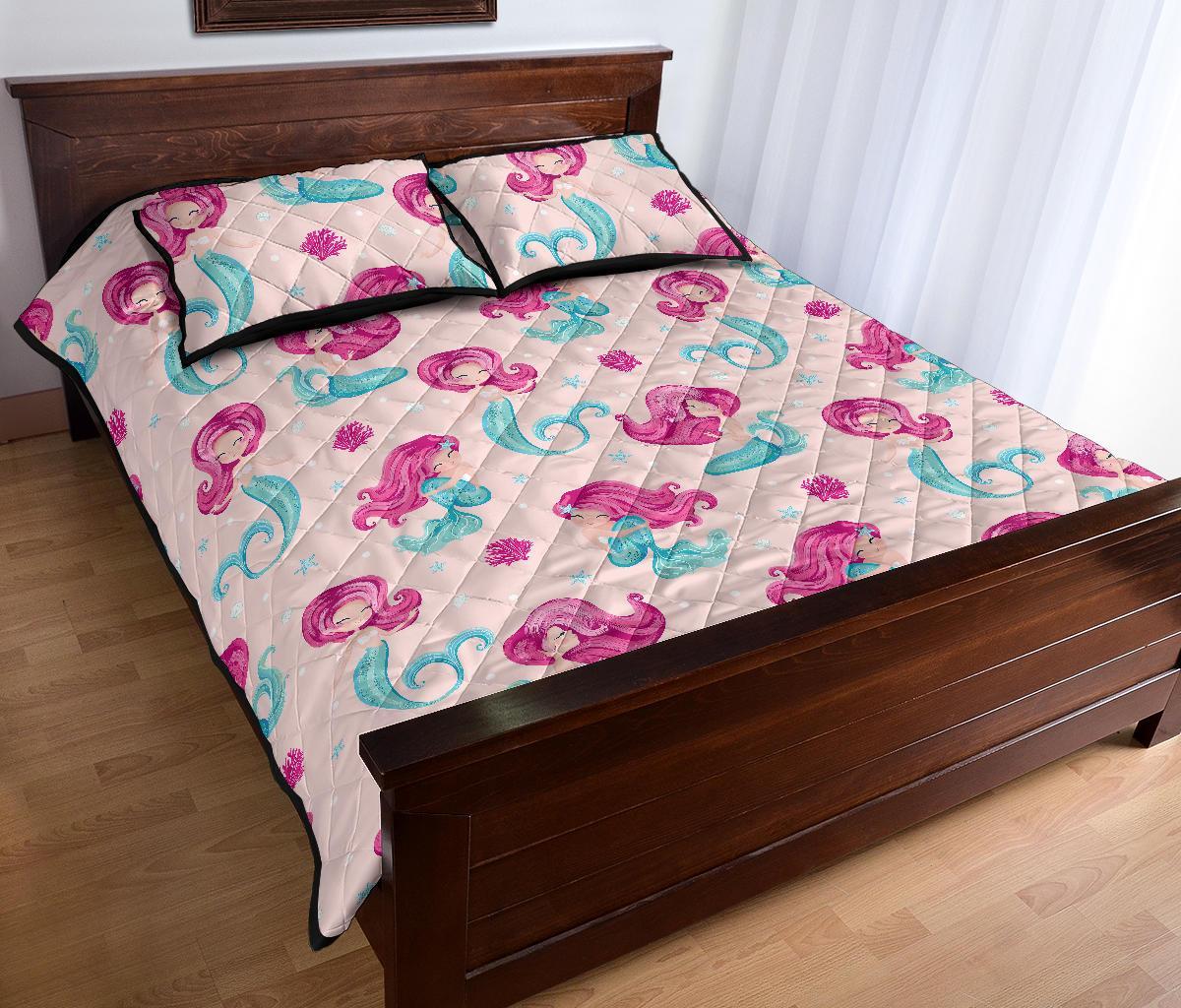 Mermaid Pink Pattern Print Bed Set Quilt-grizzshop