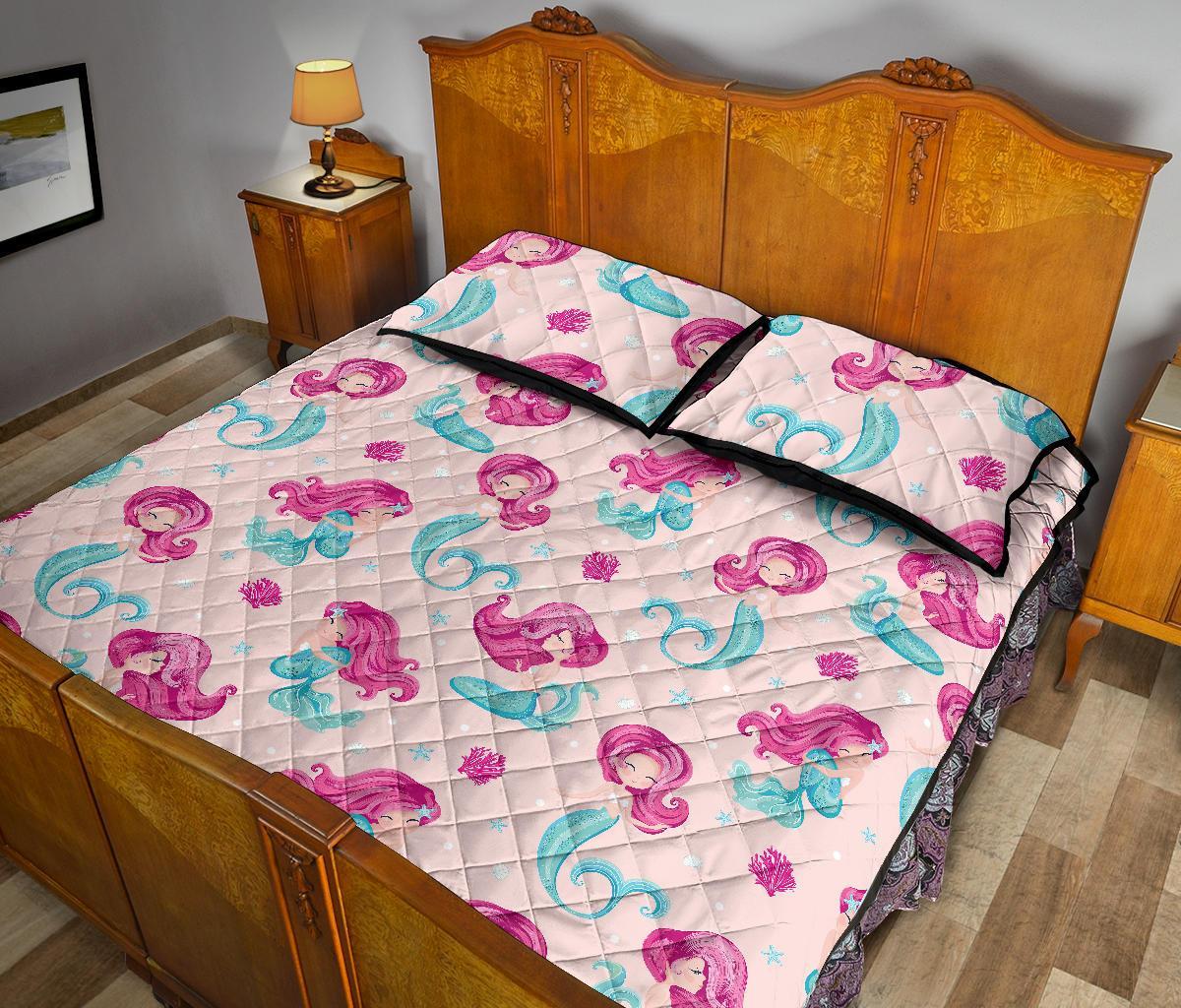 Mermaid Pink Pattern Print Bed Set Quilt-grizzshop