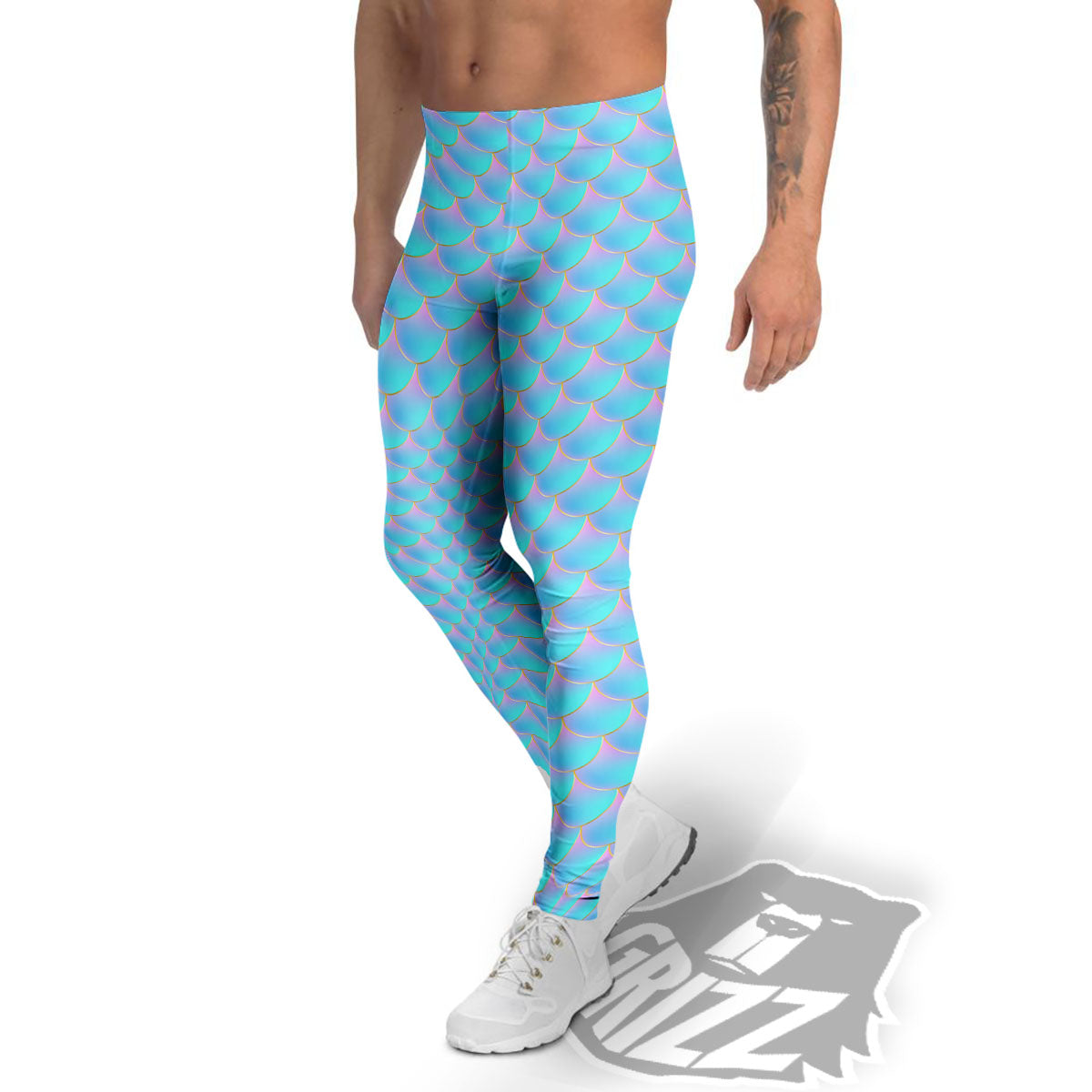 Mermaid Scales Blue Neon Print Pattern Men's Leggings-grizzshop