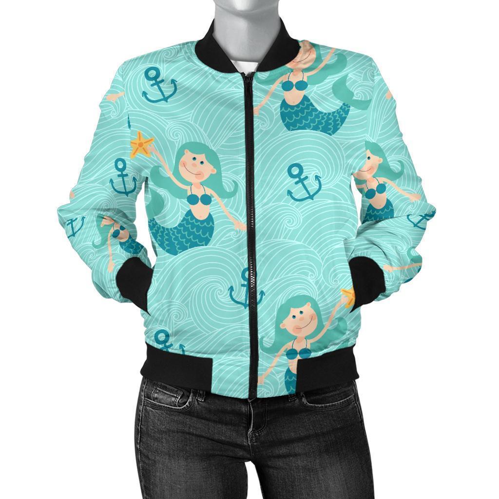 Mermaid Pastel Pattern Print Women Casual Bomber Jacket-grizzshop