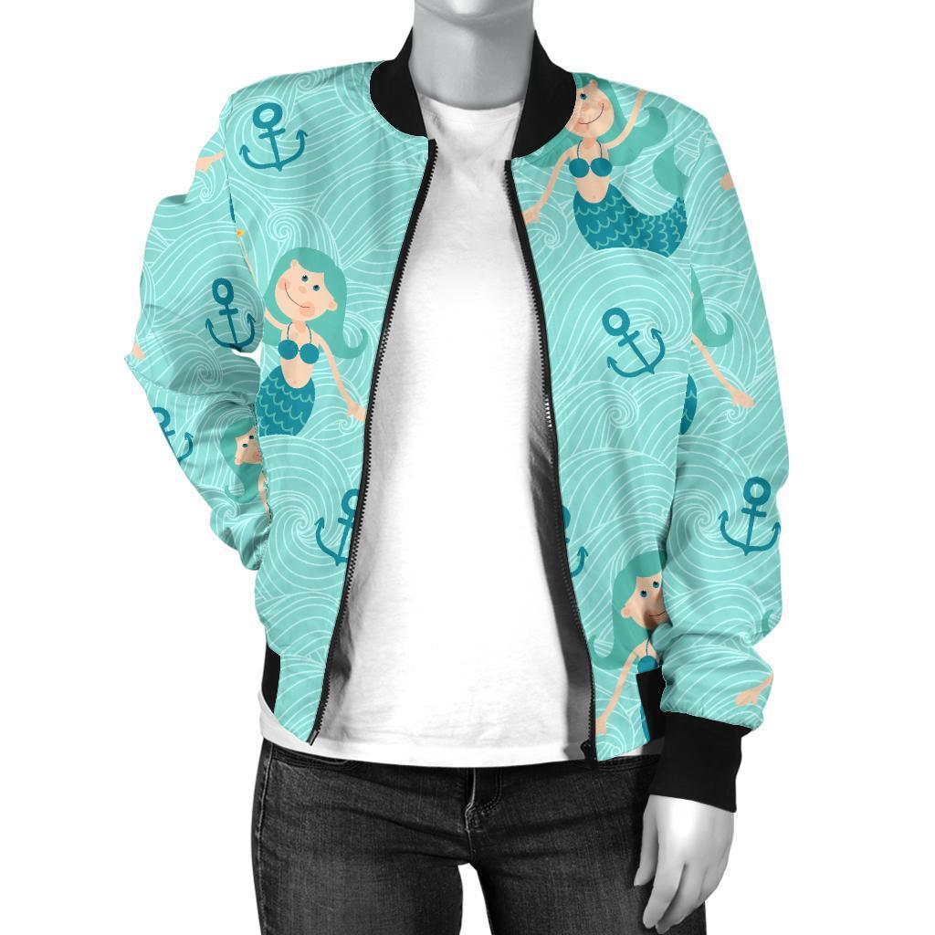 Mermaid Pastel Pattern Print Women Casual Bomber Jacket-grizzshop