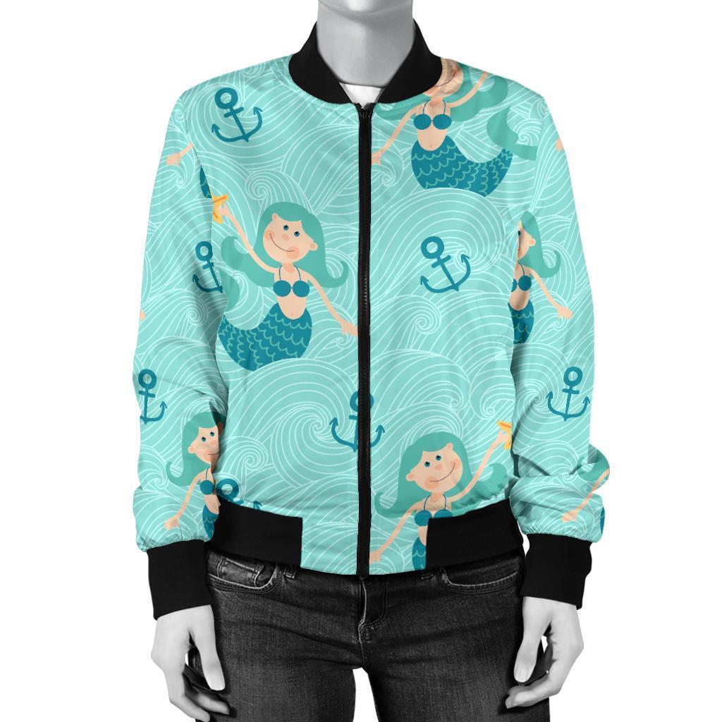 Mermaid Pastel Pattern Print Women Casual Bomber Jacket-grizzshop
