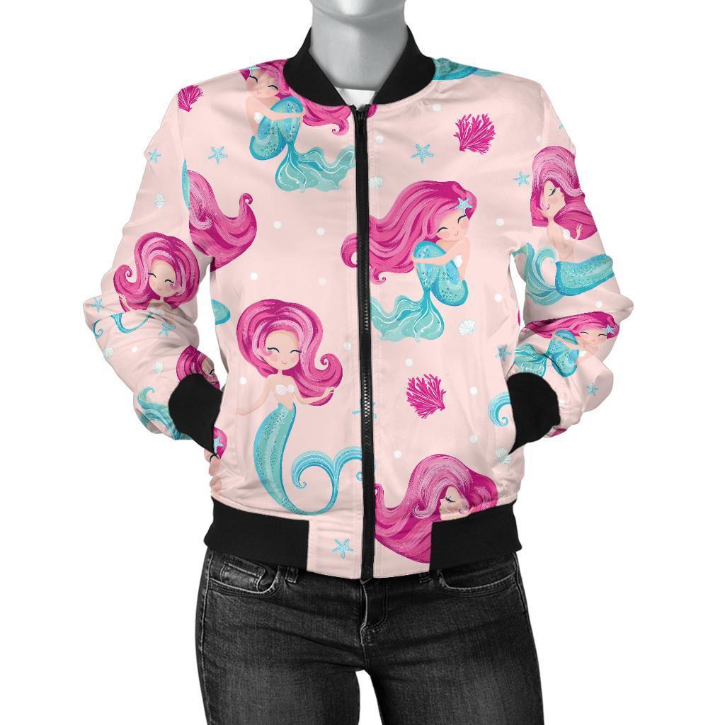 Mermaid Pink Pattern Print Women Casual Bomber Jacket-grizzshop