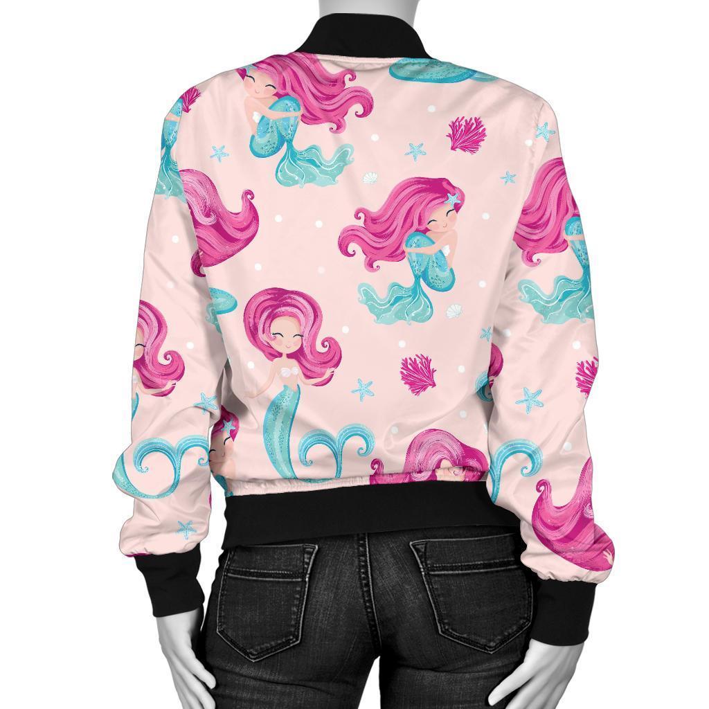 Mermaid Pink Pattern Print Women Casual Bomber Jacket-grizzshop