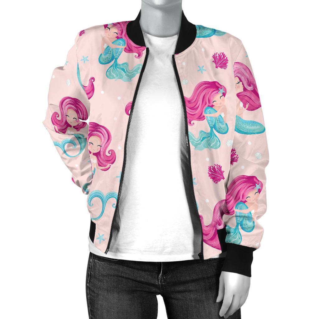 Mermaid Pink Pattern Print Women Casual Bomber Jacket-grizzshop