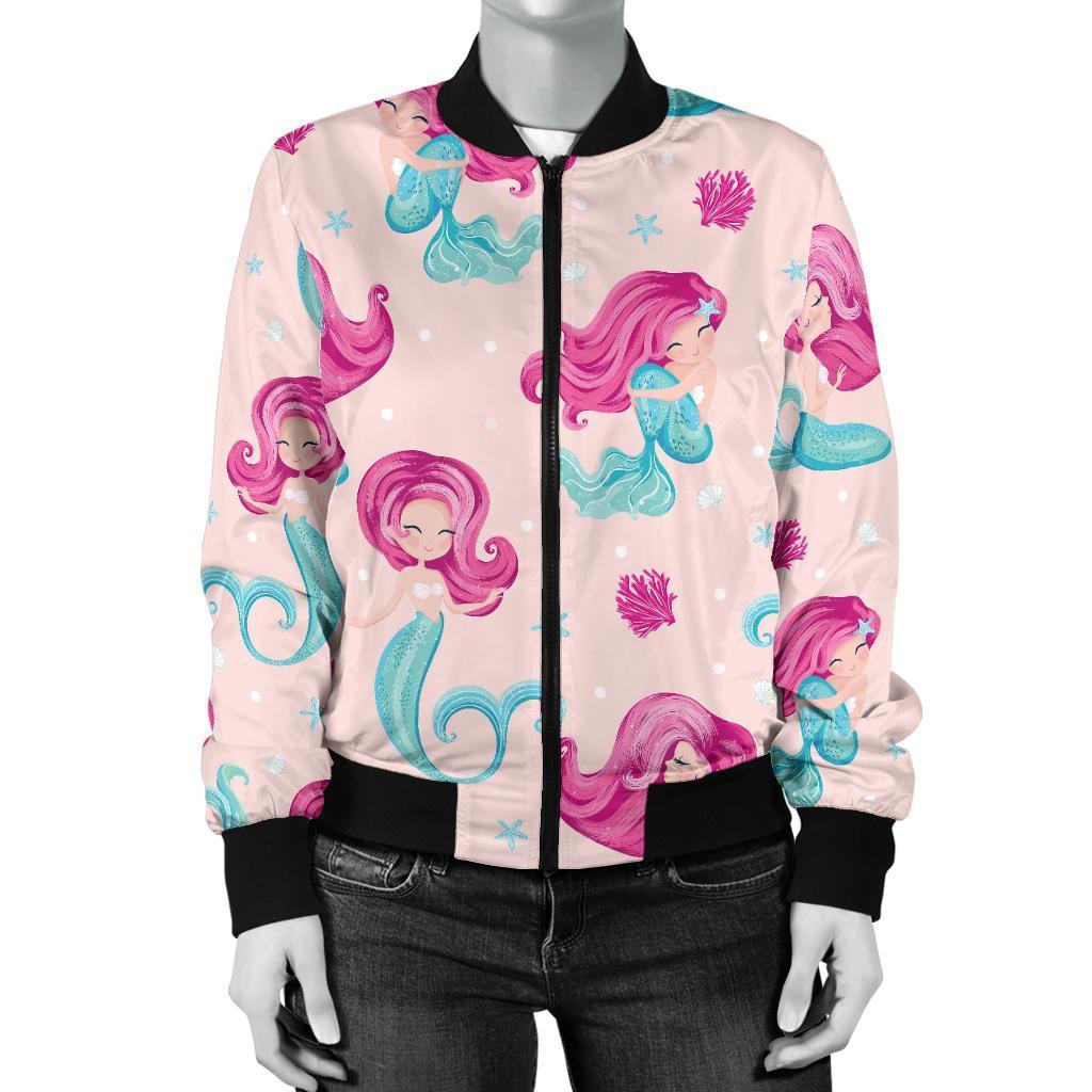 Mermaid Pink Pattern Print Women Casual Bomber Jacket-grizzshop