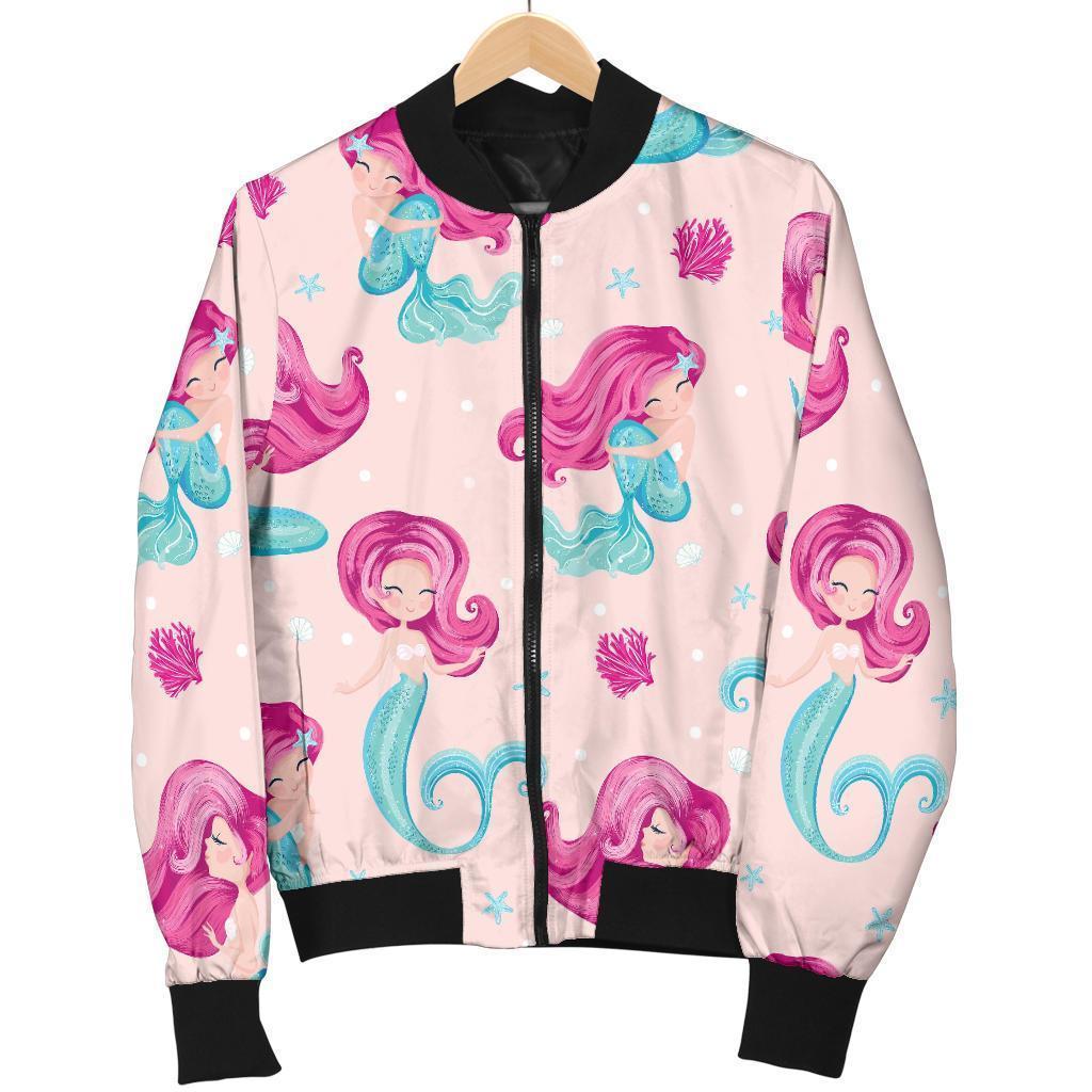 Mermaid Pink Pattern Print Women Casual Bomber Jacket-grizzshop