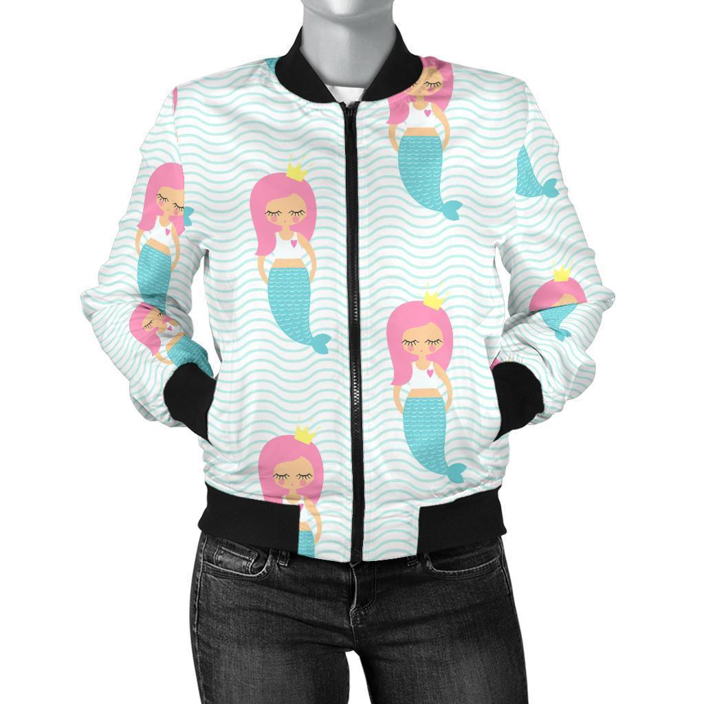Mermaid Print Pattern Women Casual Bomber Jacket-grizzshop