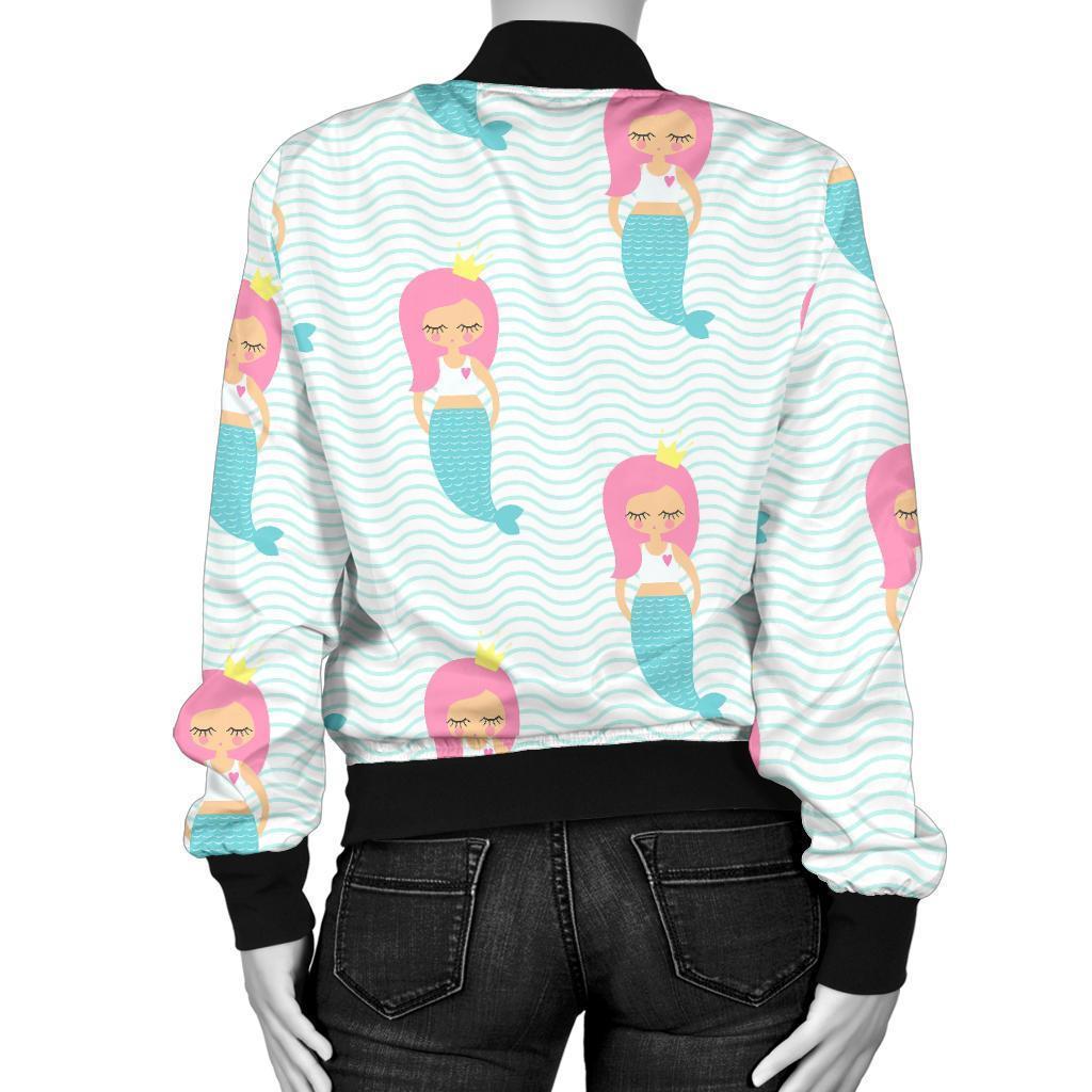 Mermaid Print Pattern Women Casual Bomber Jacket-grizzshop