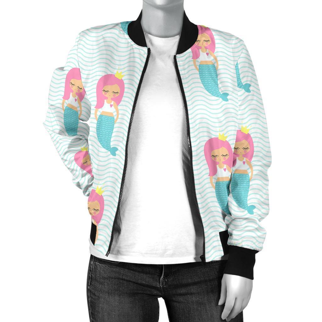 Mermaid Print Pattern Women Casual Bomber Jacket-grizzshop