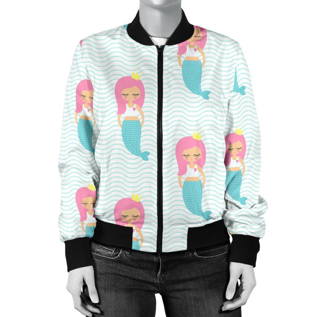 Mermaid Print Pattern Women Casual Bomber Jacket-grizzshop