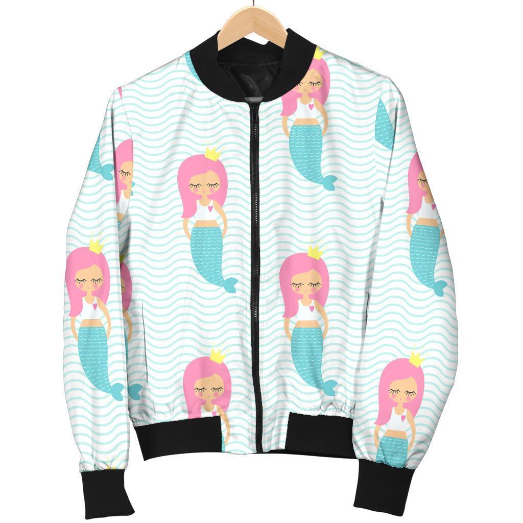 Mermaid Print Pattern Women Casual Bomber Jacket-grizzshop