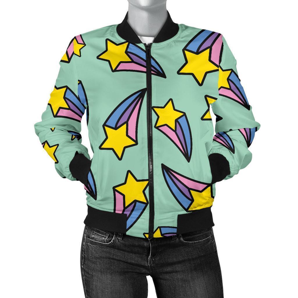 Metero Star Pattern Print Women Casual Bomber Jacket-grizzshop