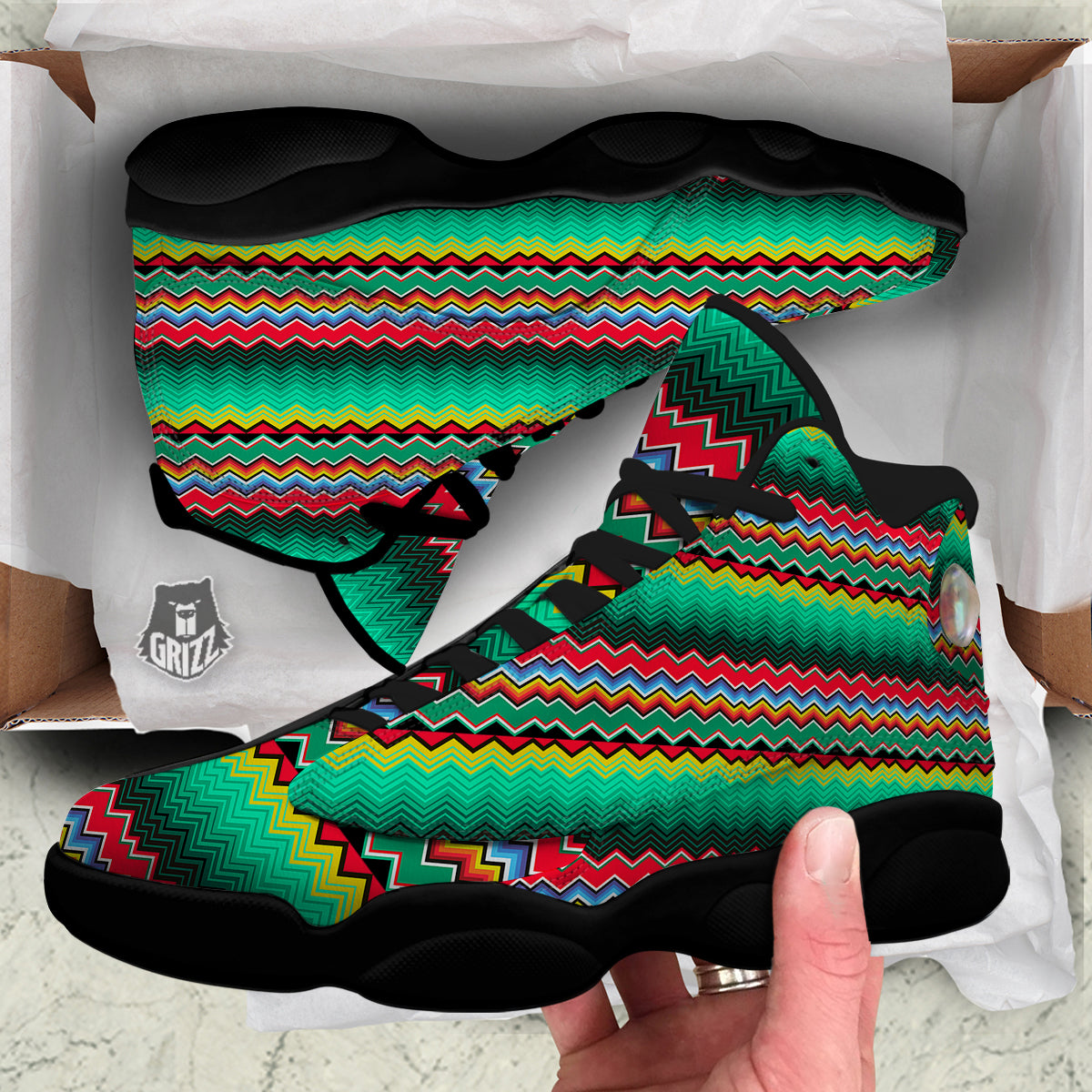 Mexican Blanket Zigzag Colorful Print Black Basketball Shoes-grizzshop