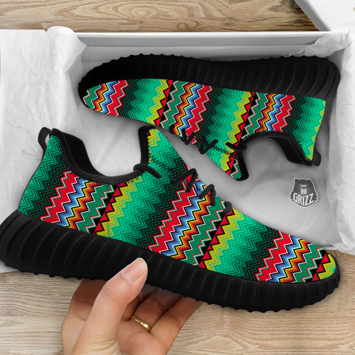 Mexican Blanket Zigzag Colorful Print Black Walking Shoes-grizzshop