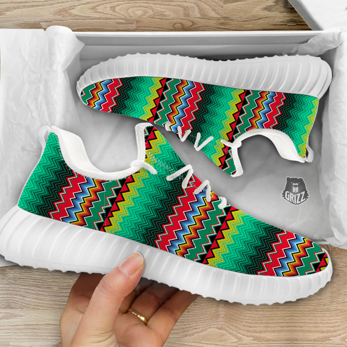 Mexican Blanket Zigzag Colorful Print White Walking Shoes-grizzshop