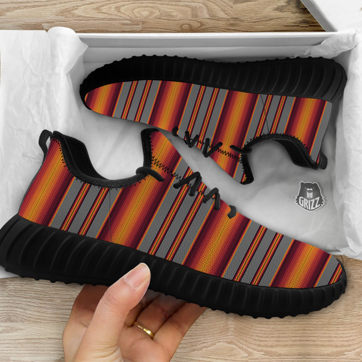 Mexican Serape Grey Orange Print Black Walking Shoes-grizzshop