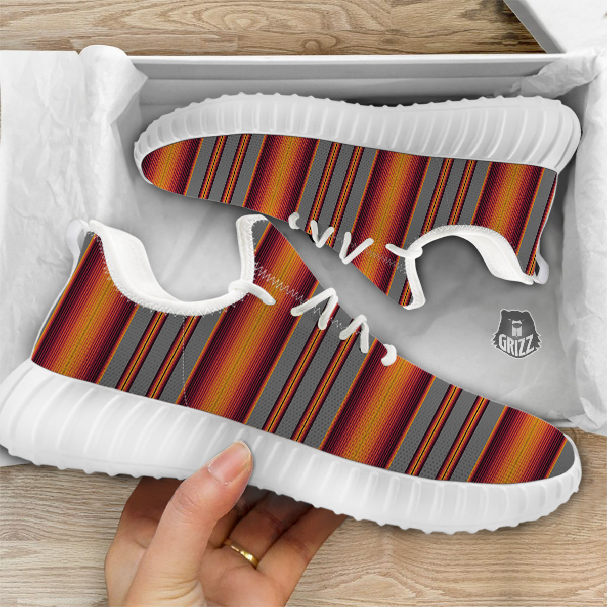 Mexican Serape Grey Orange Print White Walking Shoes-grizzshop