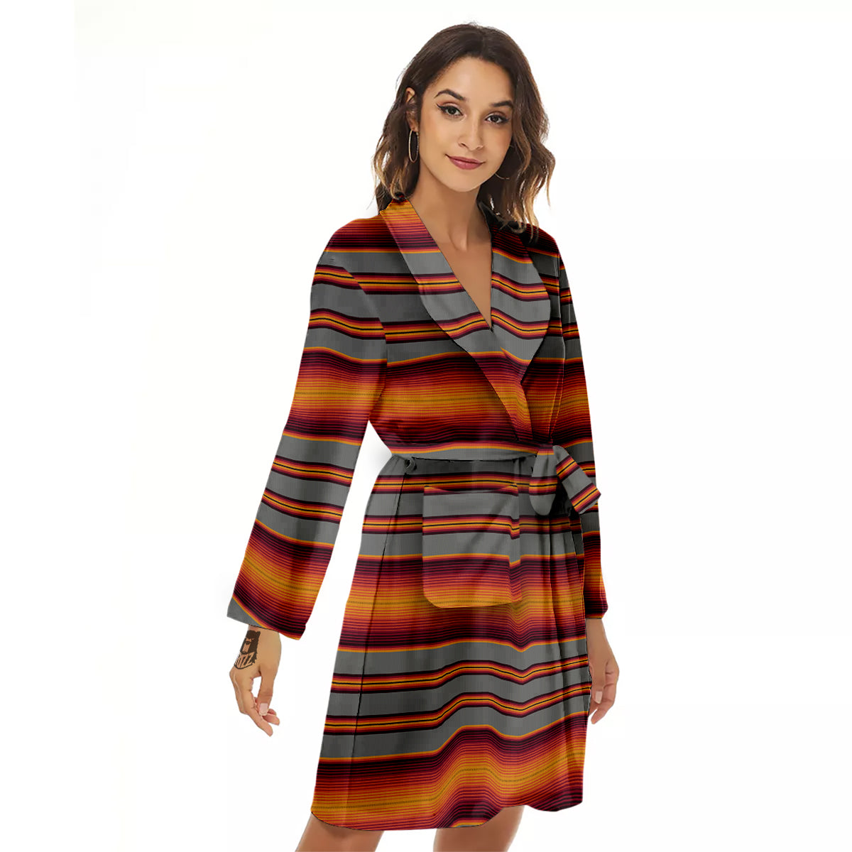 Mexican Serape Grey Orange Print Women's Robe-grizzshop
