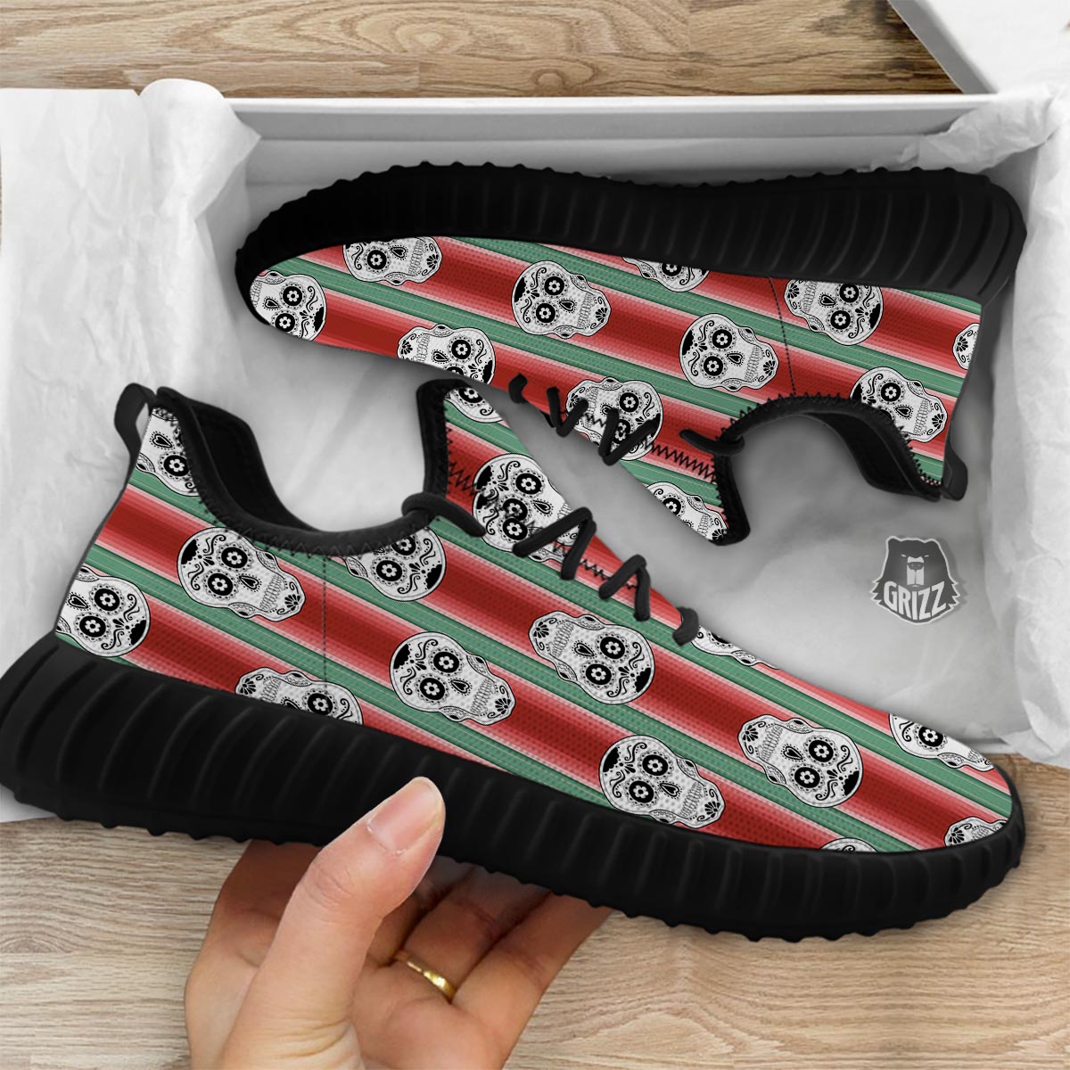 Mexican Serape Sugar Skull Print Pattern Black Walking Shoes-grizzshop