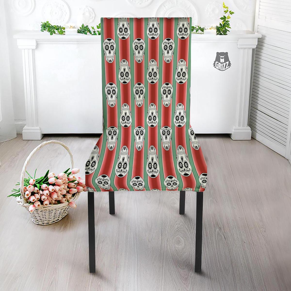 Mexican Serape Sugar Skull Print Pattern Dining Chair Slipcover-grizzshop