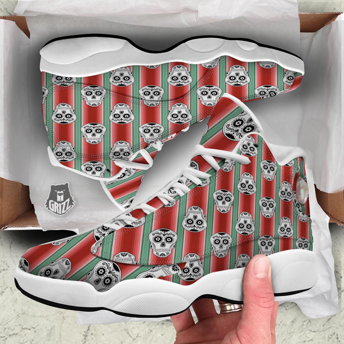 Mexican Serape Sugar Skull Print Pattern White Basketball Shoes-grizzshop