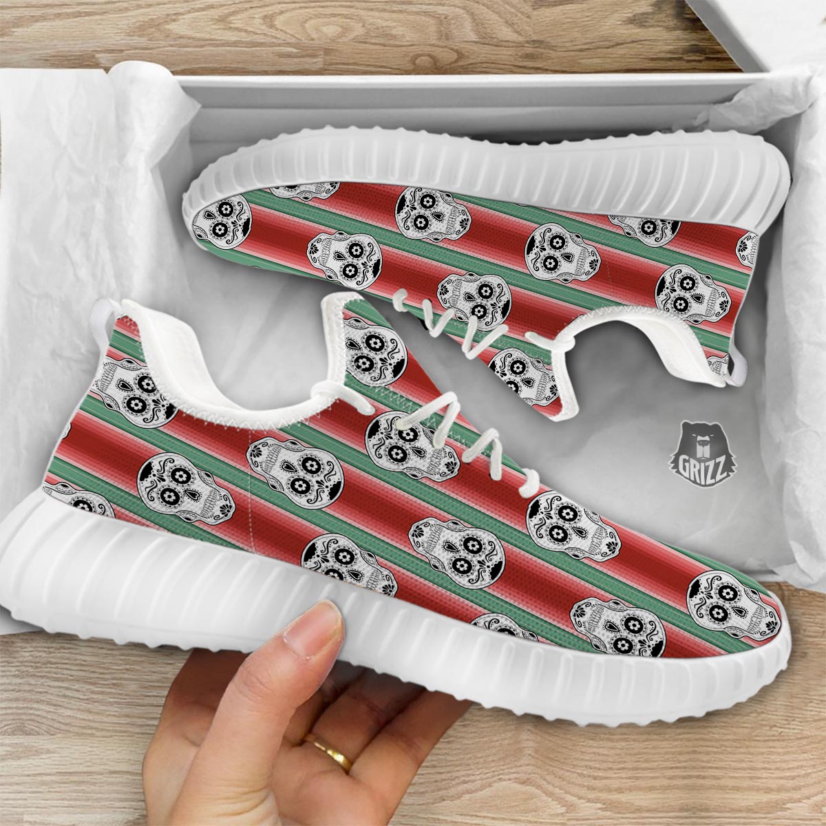 Mexican Serape Sugar Skull Print Pattern White Walking Shoes-grizzshop
