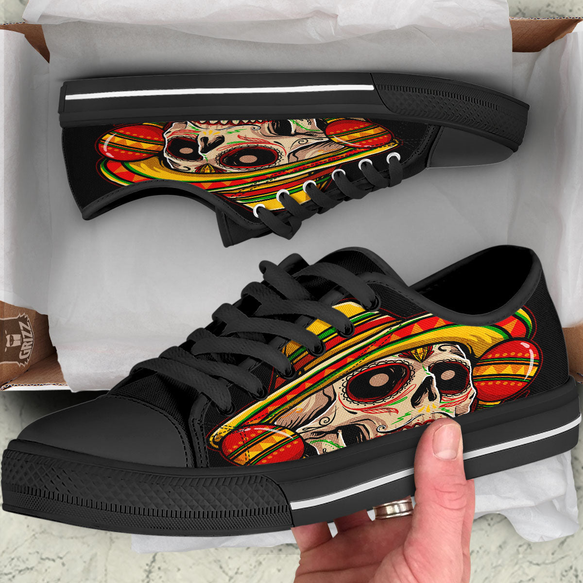 Mexican Skull Cinco de Mayo Print Black Low Top Shoes-grizzshop