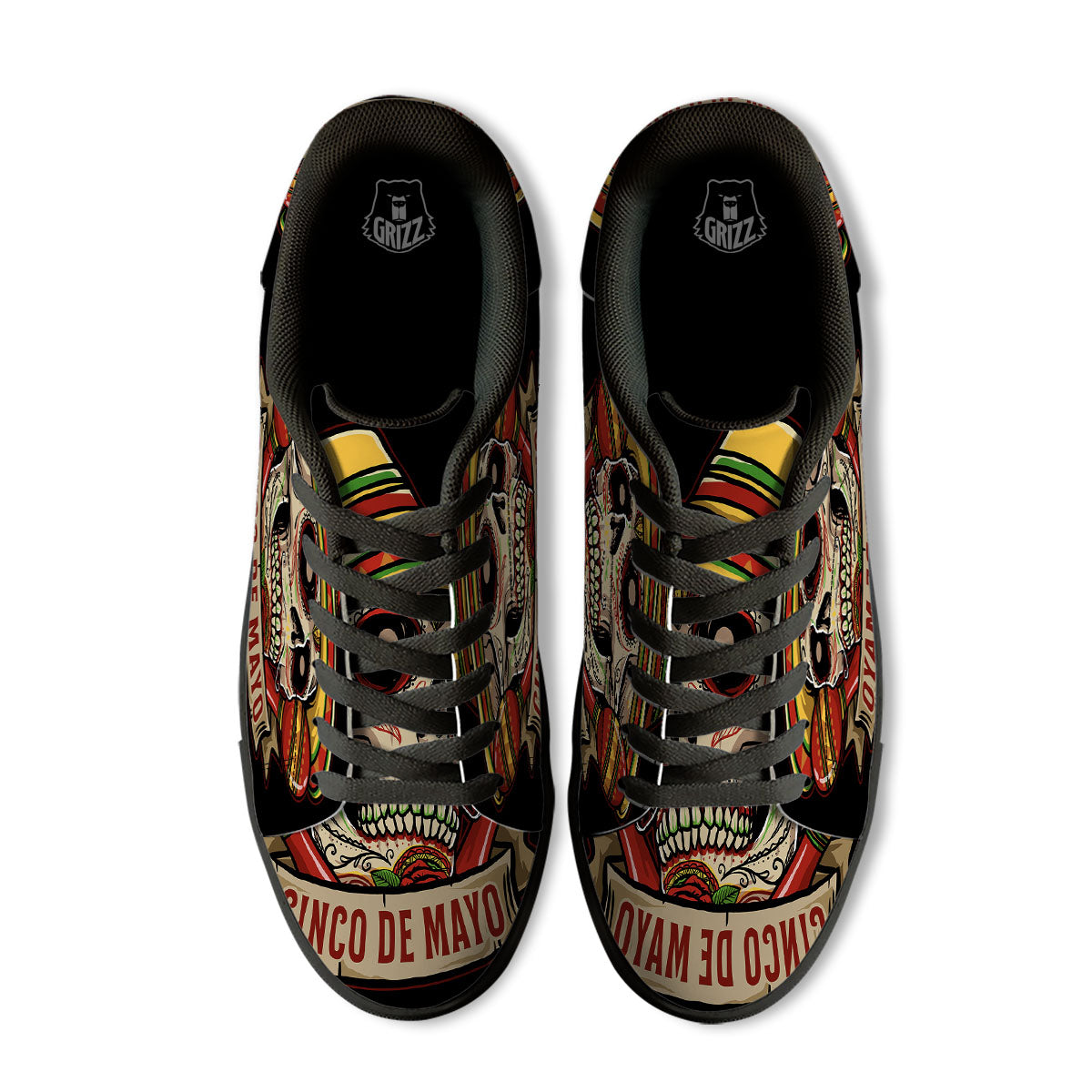 Mexican Skull Cinco de Mayo Print Black Low Top Sneakers-grizzshop