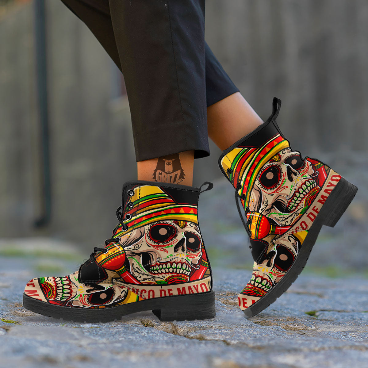 Mexican Skull Cinco de Mayo Print Leather Boots-grizzshop