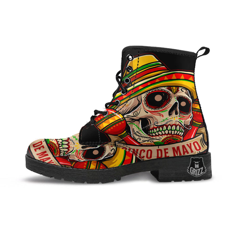 Mexican Skull Cinco de Mayo Print Leather Boots-grizzshop