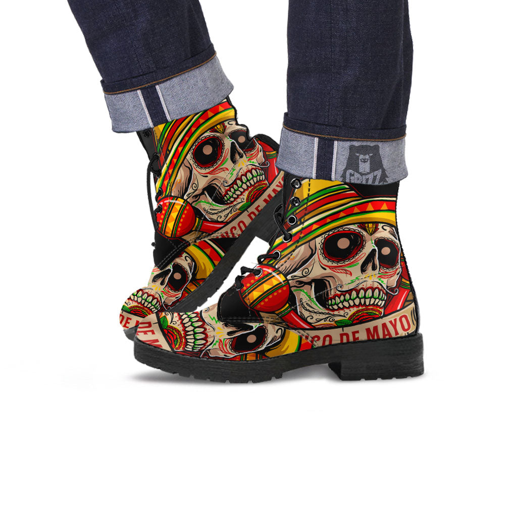 Mexican Skull Cinco de Mayo Print Leather Boots-grizzshop