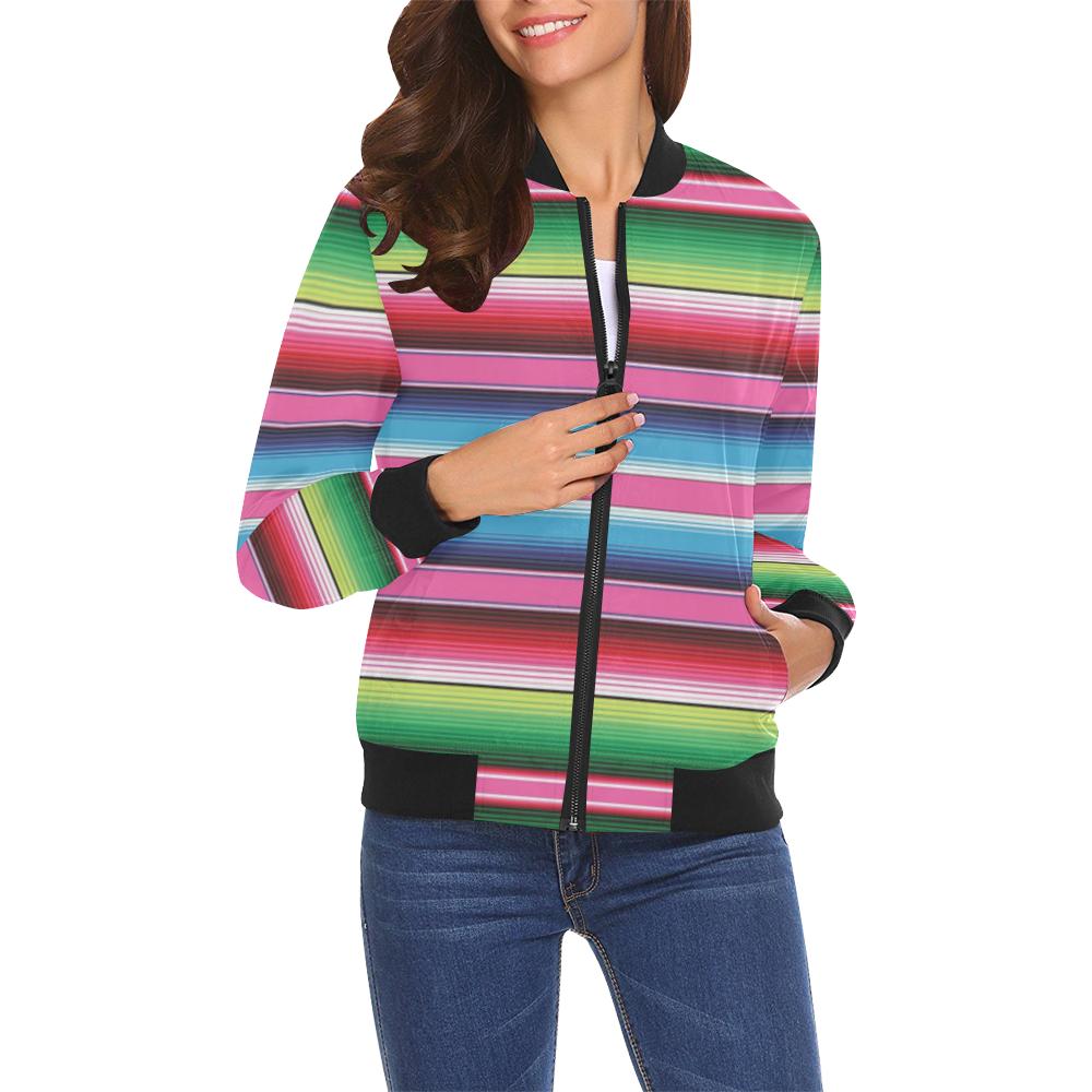 Mexican Blanket Baja Serape Pattern Print Women Casual Bomber Jacket-grizzshop