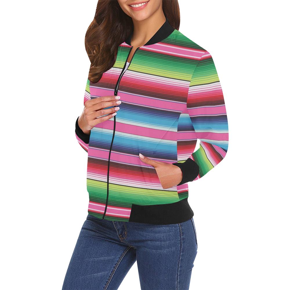 Mexican Blanket Baja Serape Pattern Print Women Casual Bomber Jacket-grizzshop