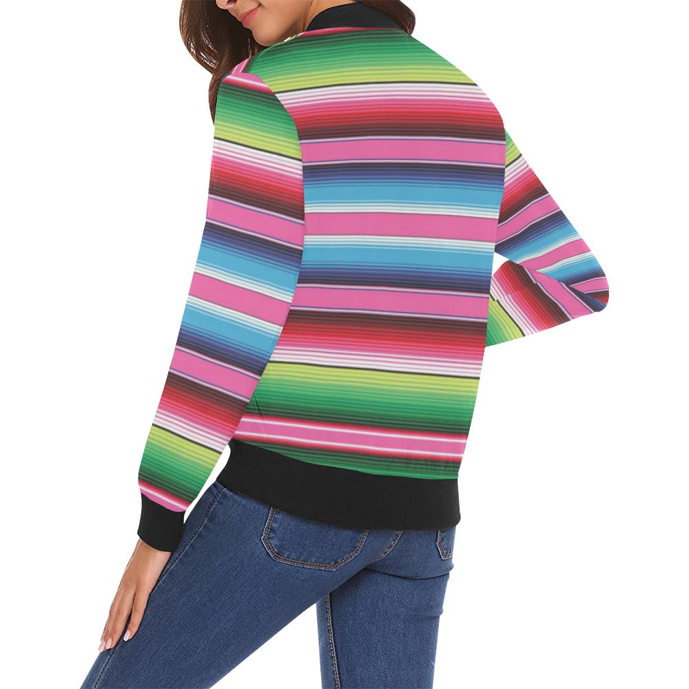 Mexican Blanket Baja Serape Pattern Print Women Casual Bomber Jacket-grizzshop