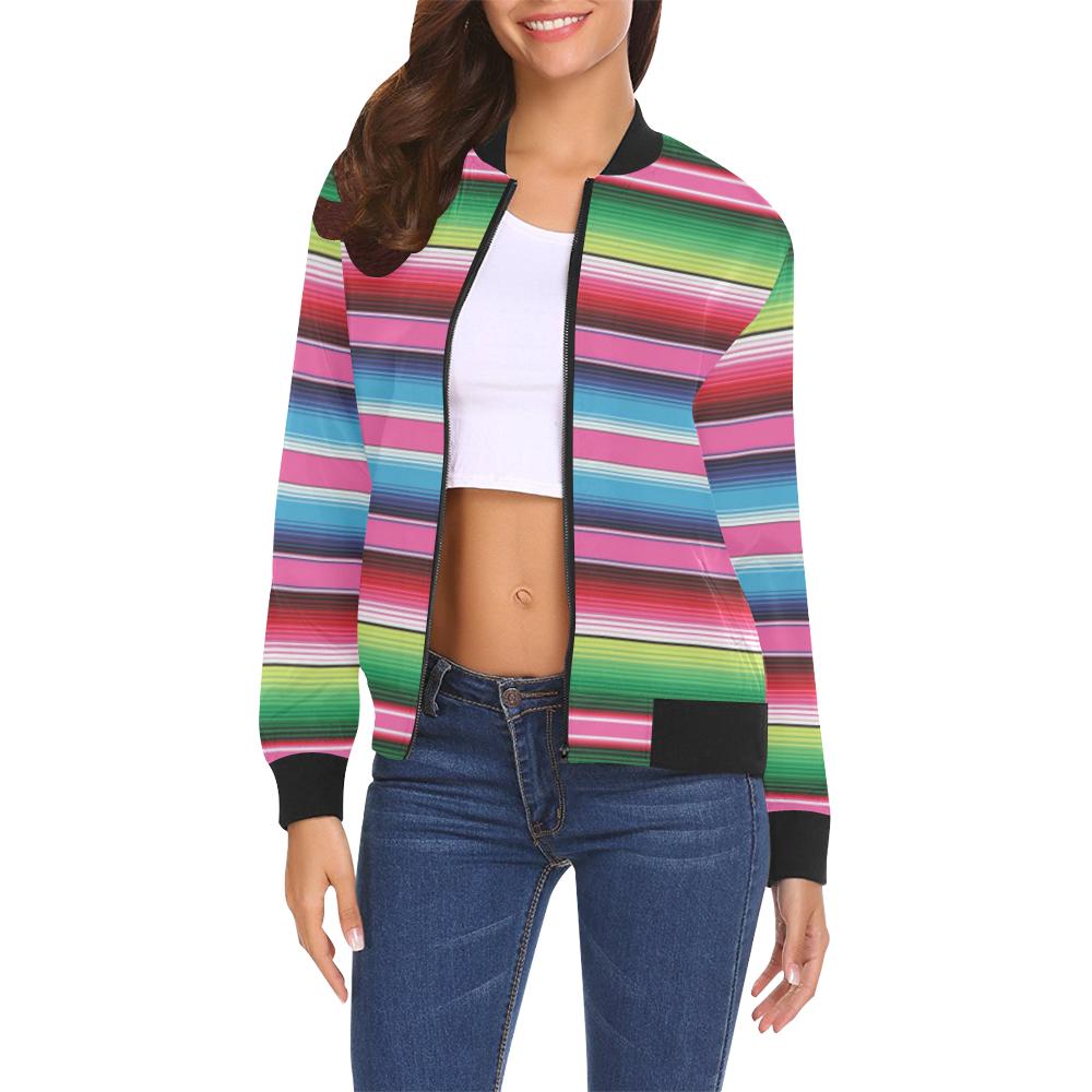 Mexican Blanket Baja Serape Pattern Print Women Casual Bomber Jacket-grizzshop