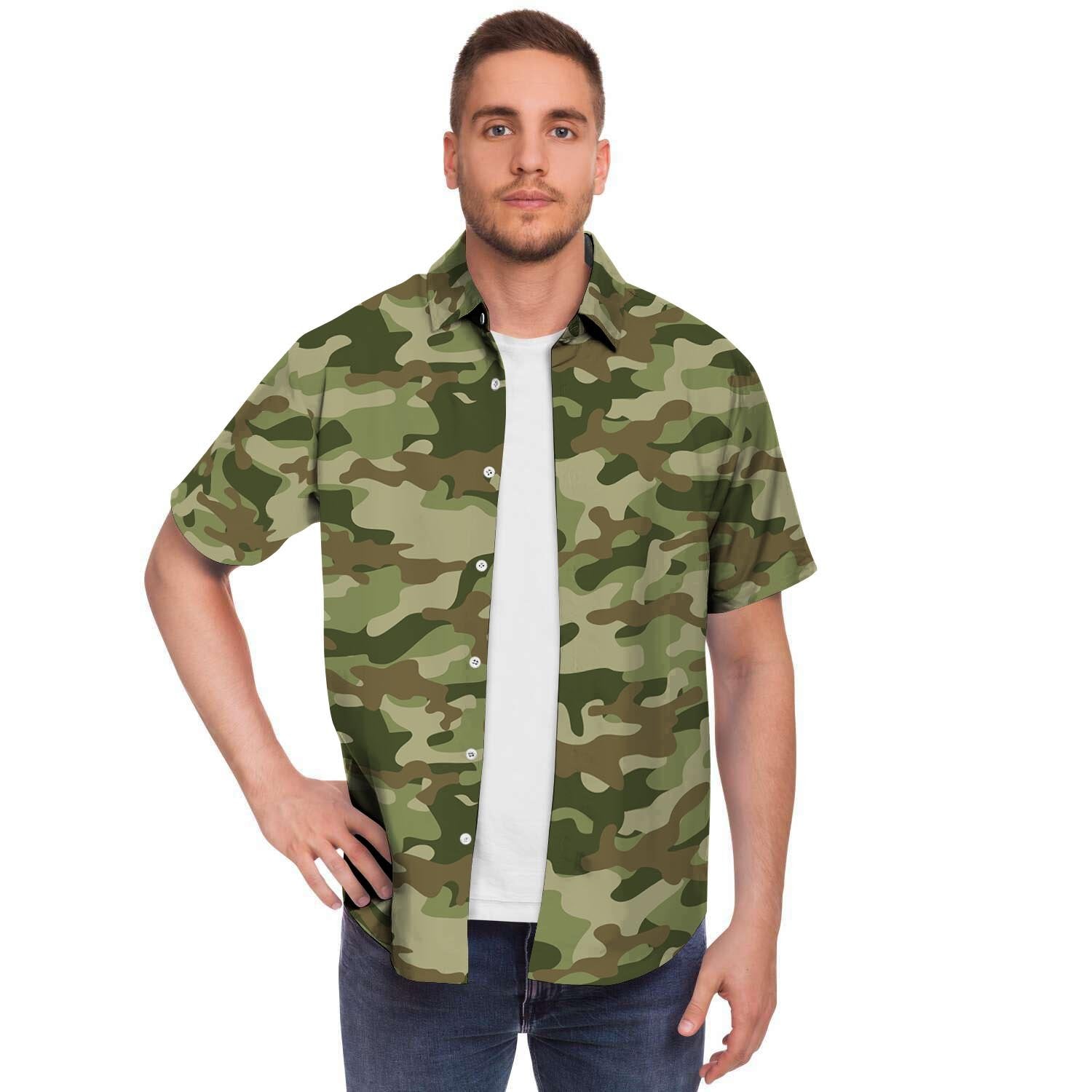 Military Green Camo Print Men's Short Sleeve Shirt-grizzshop